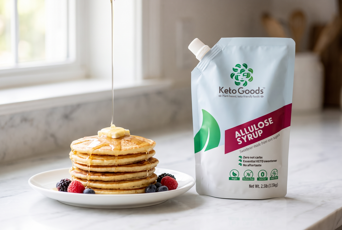 KG Allulose Syrup 40oz pouch alongside golden-brown keto cookies