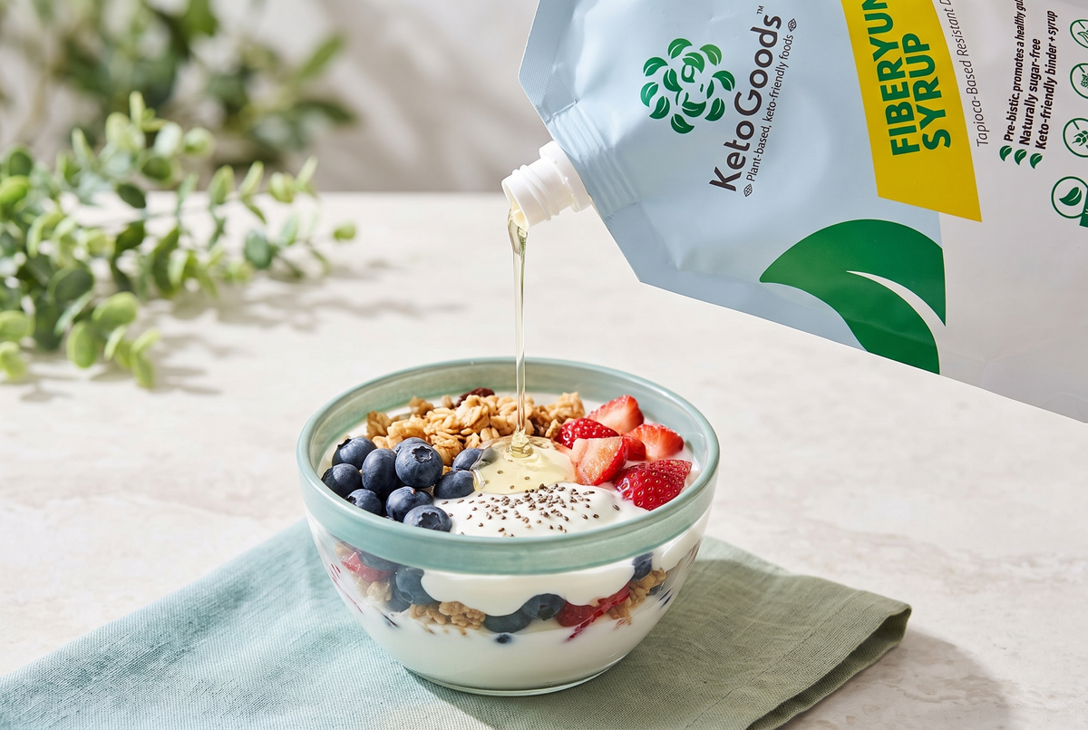 FiberYum prebiotic tapioca fiber syrup drizzled over a yogurt parfait